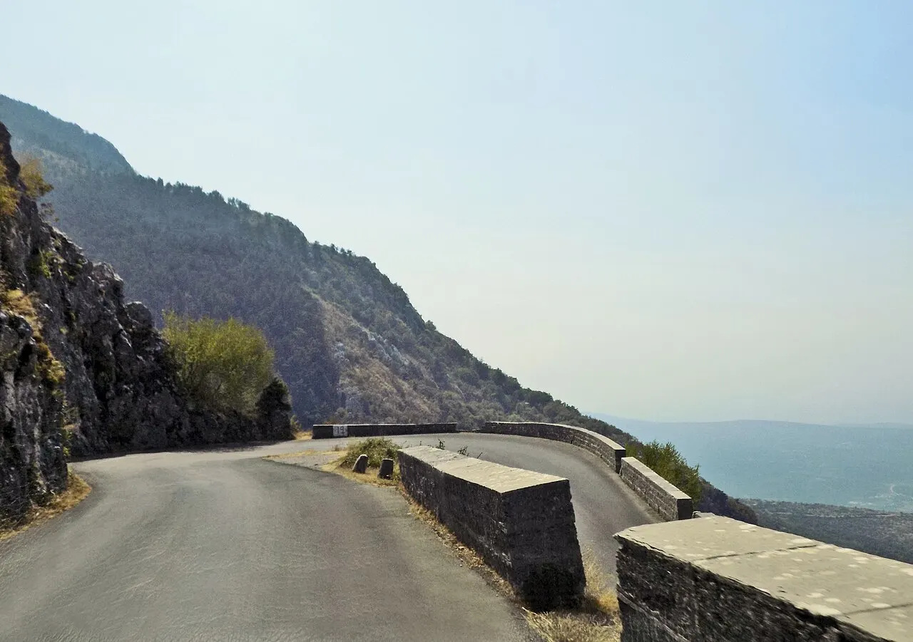 A high serpentine of the R-1 road on Lovćen looking down over the Bay of Kotor