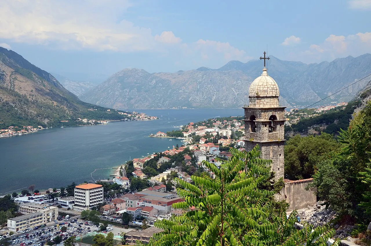 The Bay of Kotor and the walled Old Town seen from above on the path to St John's fortress