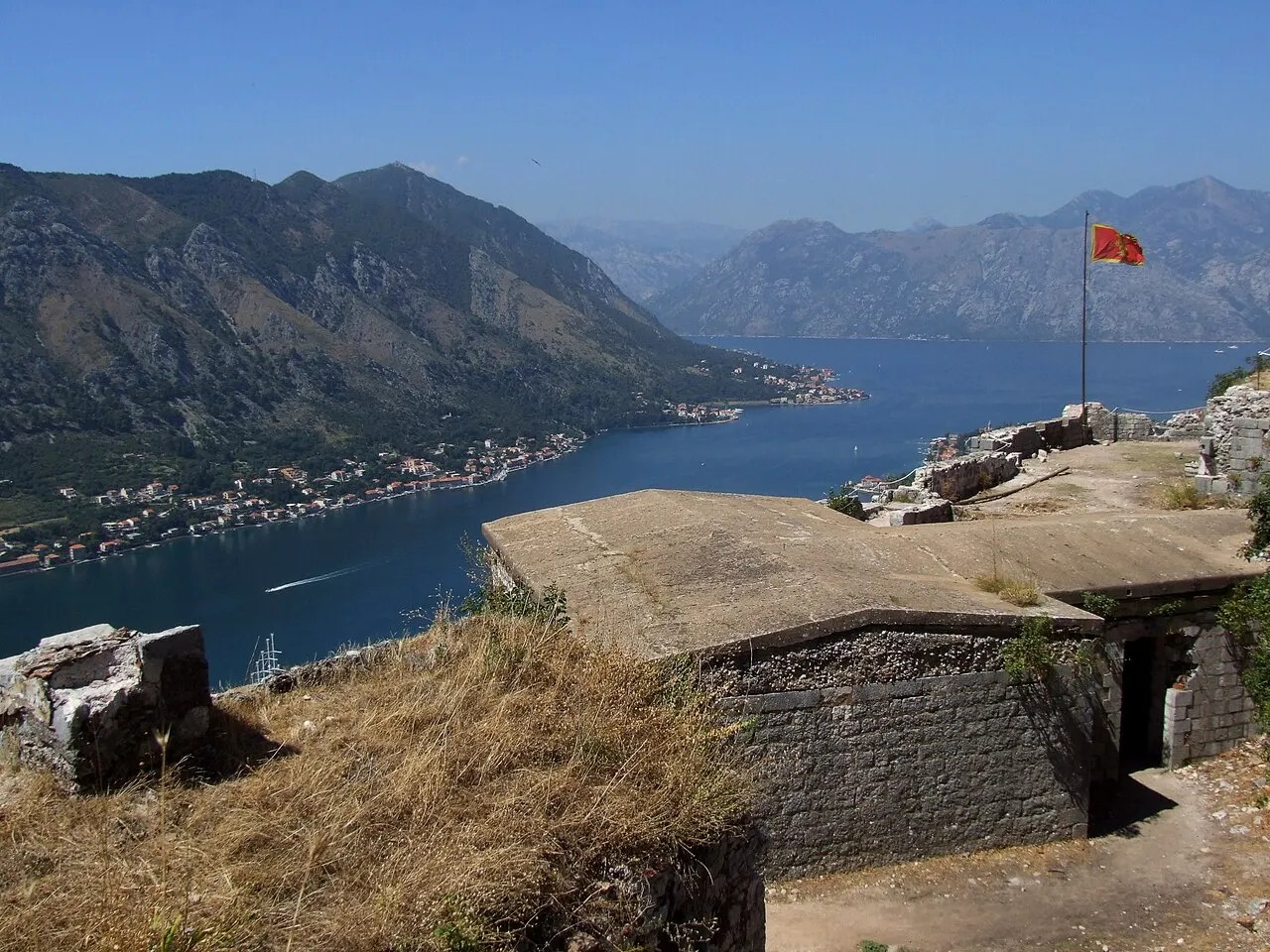 The Bay of Kotor and the town's terracotta rooftops seen from up on the city walls