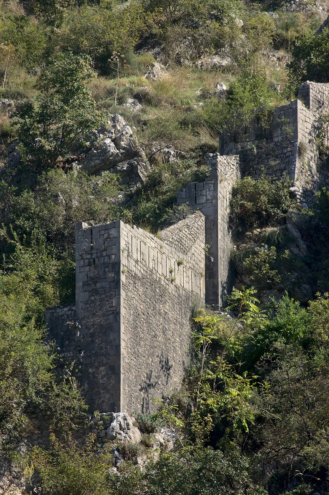 The stone city wall climbing in switchbacks up the steep mountainside above Kotor