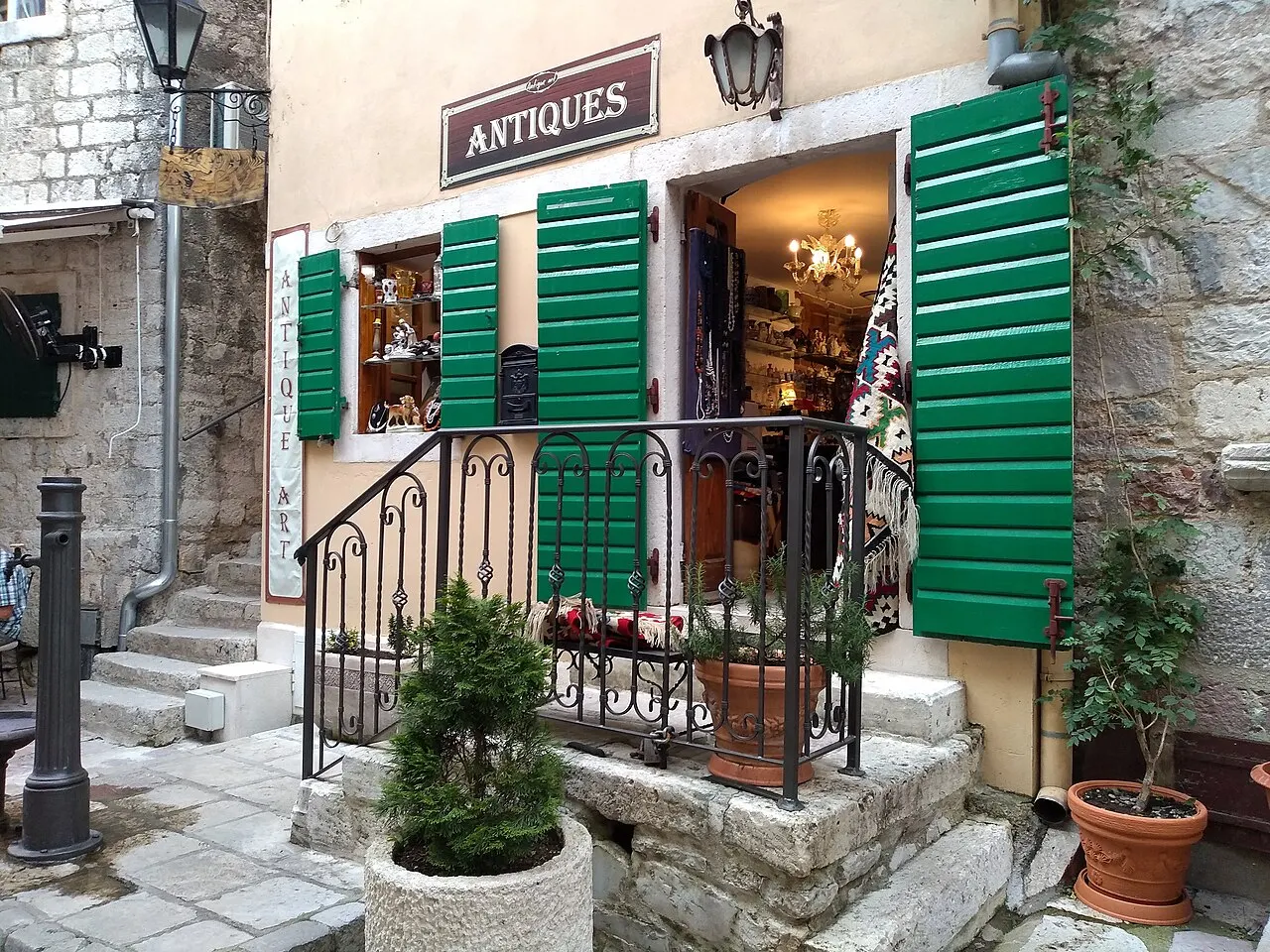 A quiet narrow stone lane in Kotor's walled Old Town, Montenegro