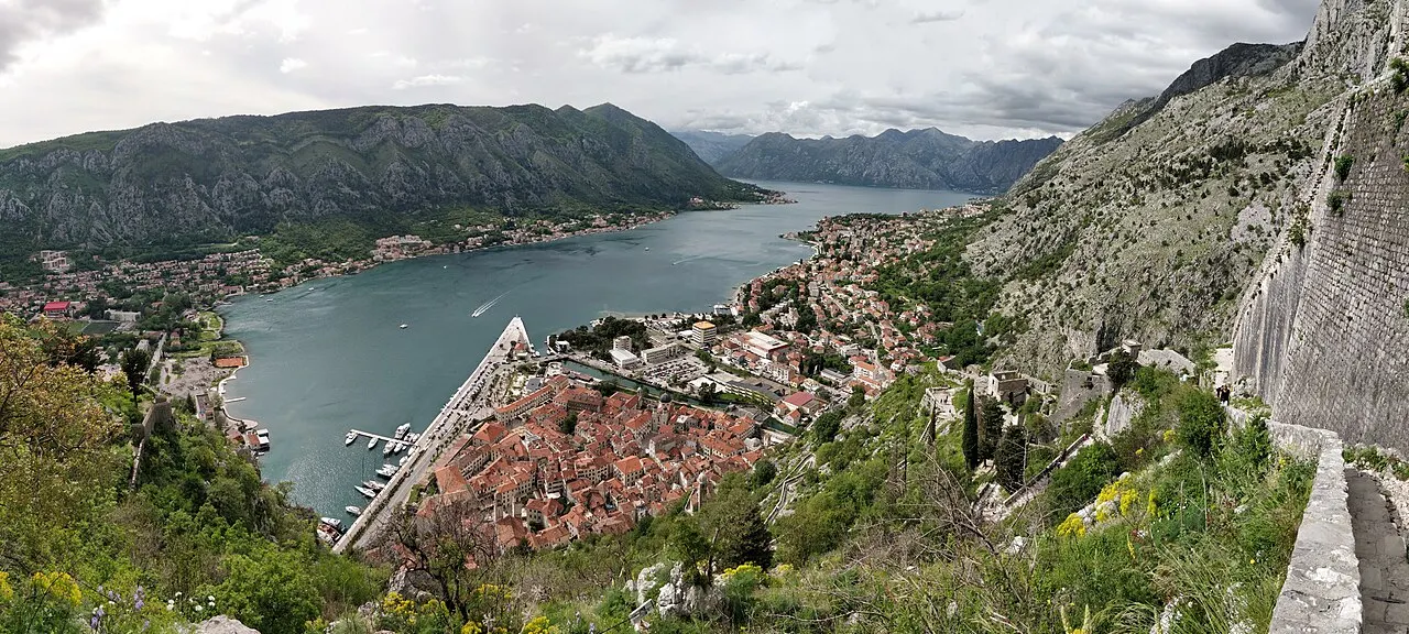 The Bay of Kotor and the walled Old Town seen from above on the mountainside
