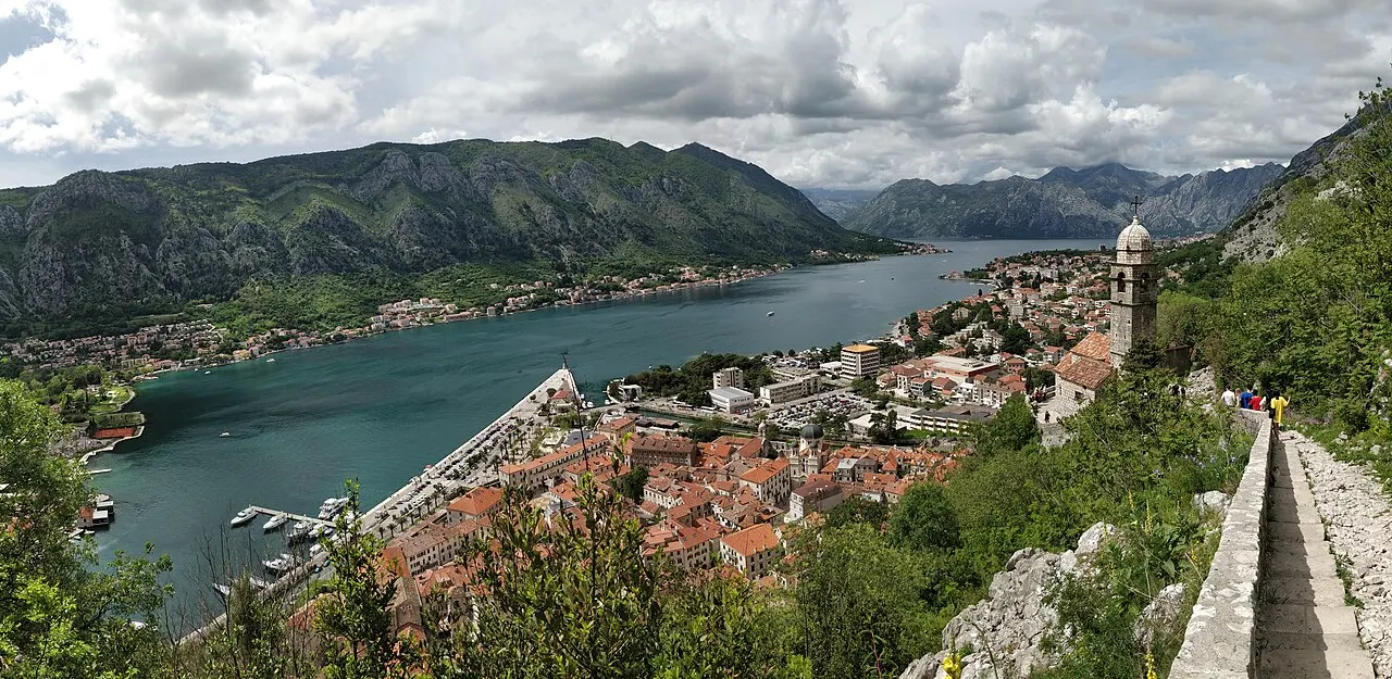A high view over the wider Bay of Kotor and the Old Town from the mountain road above
