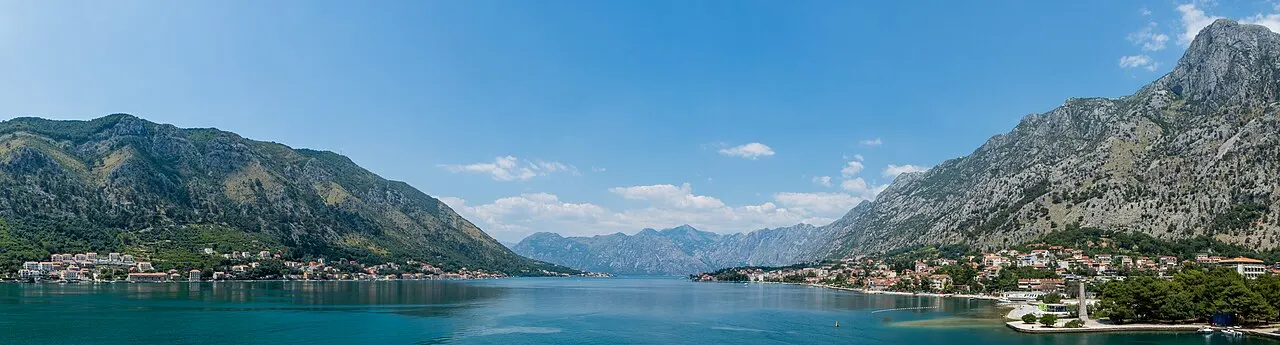 Panorama of the Bay of Kotor curving between the mountains of the Boka
