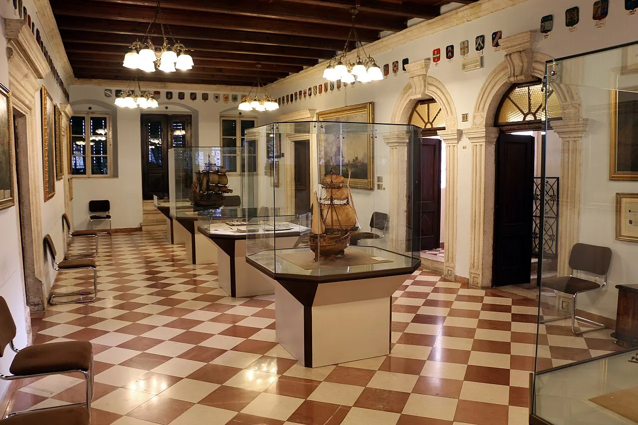 A gallery interior of the Maritime Museum inside a Kotor Old Town palace