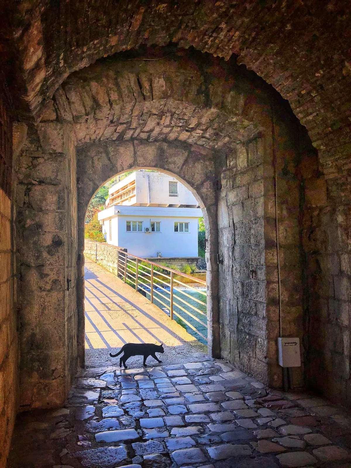 A vaulted stone passage opening onto a sunlit lane in Kotor Old Town