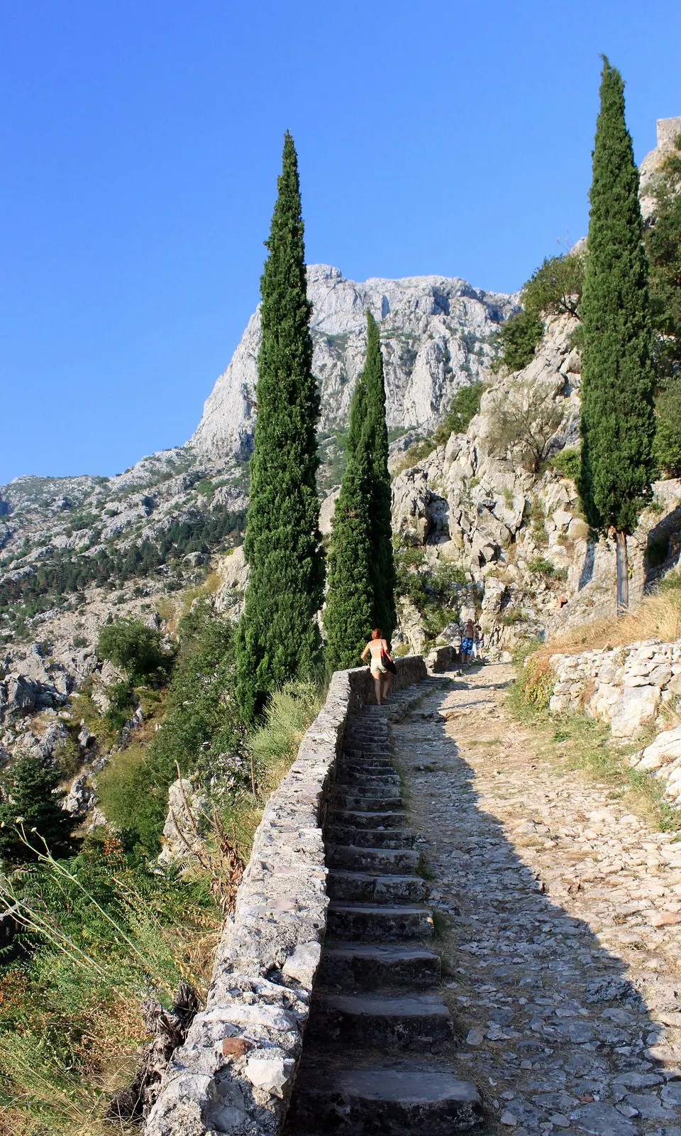 The steep, exposed stone steps of the path climbing to St John's Fortress above Kotor