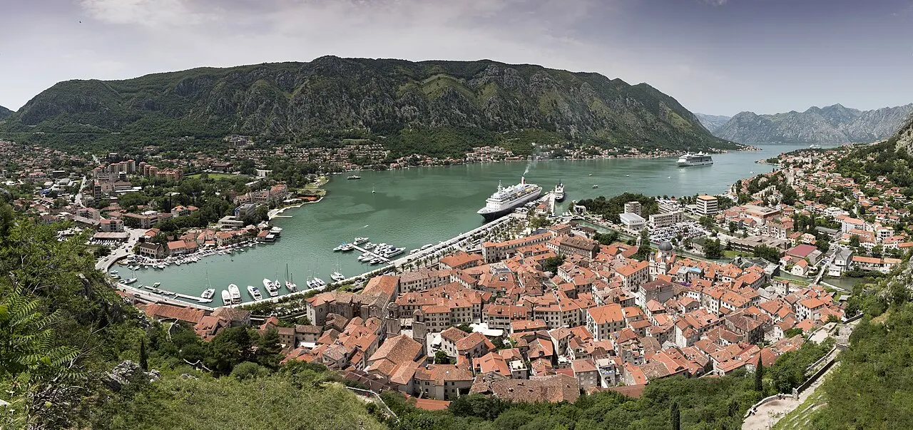 A high panoramic viewpoint over Kotor's Old Town and the whole inner Bay of Kotor