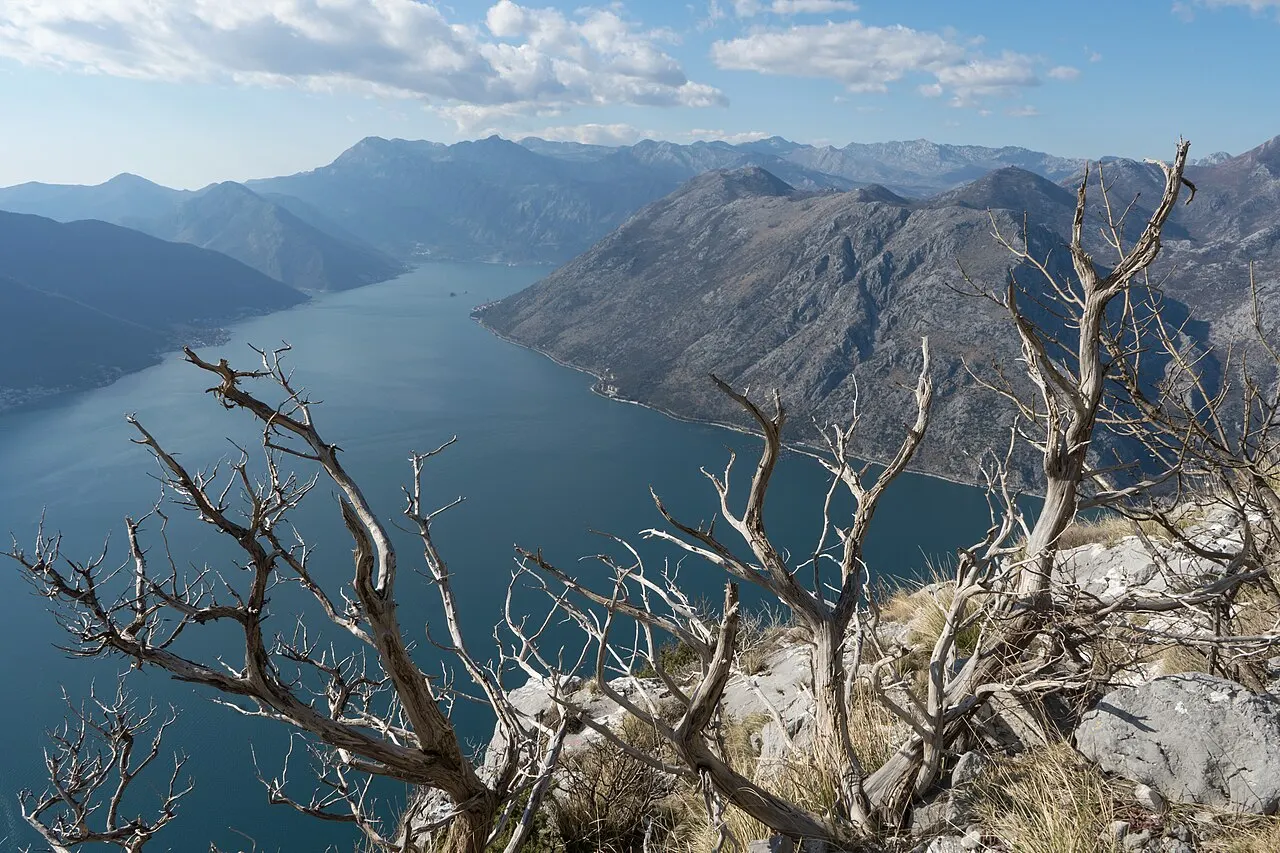 The Bay of Kotor seen far below from a trail high on the open mountainside above Kotor
