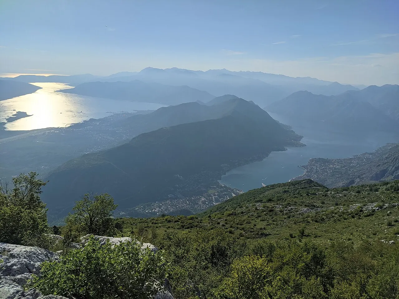 The whole Bay of Kotor from a Lovcen viewpoint, ridges folding down to the Adriatic