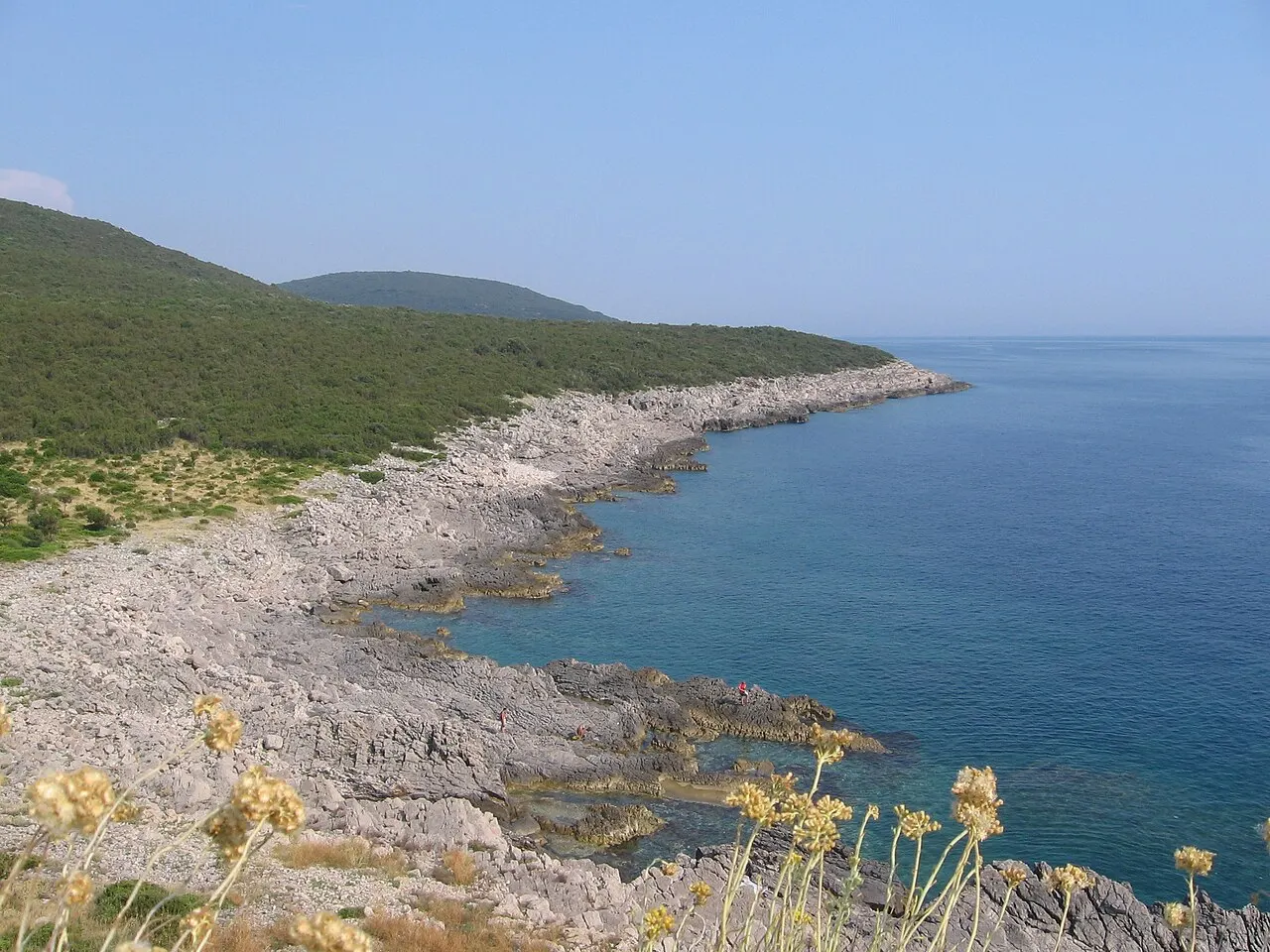 The rocky open-sea coast of the Lustica peninsula, blue water and low green hills