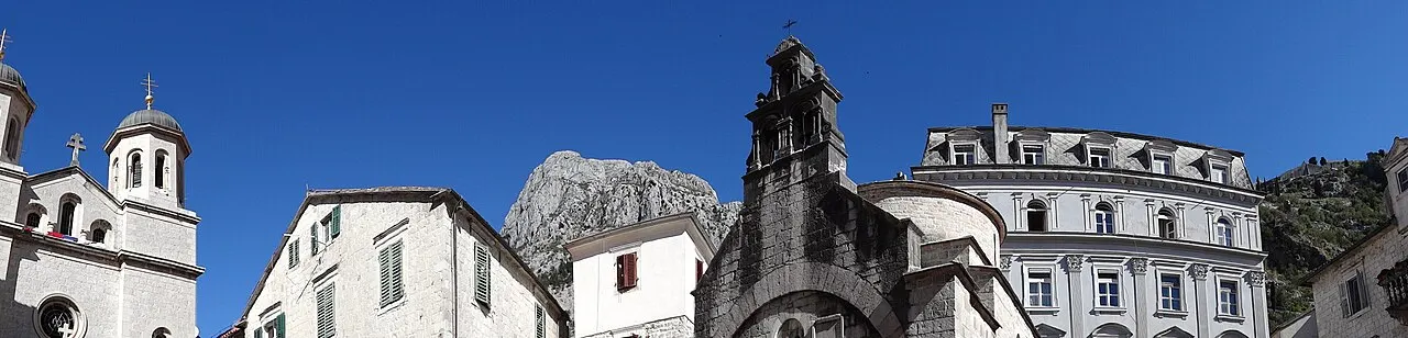Historic palazzo architecture around the main square of Kotor's Old Town, Montenegro