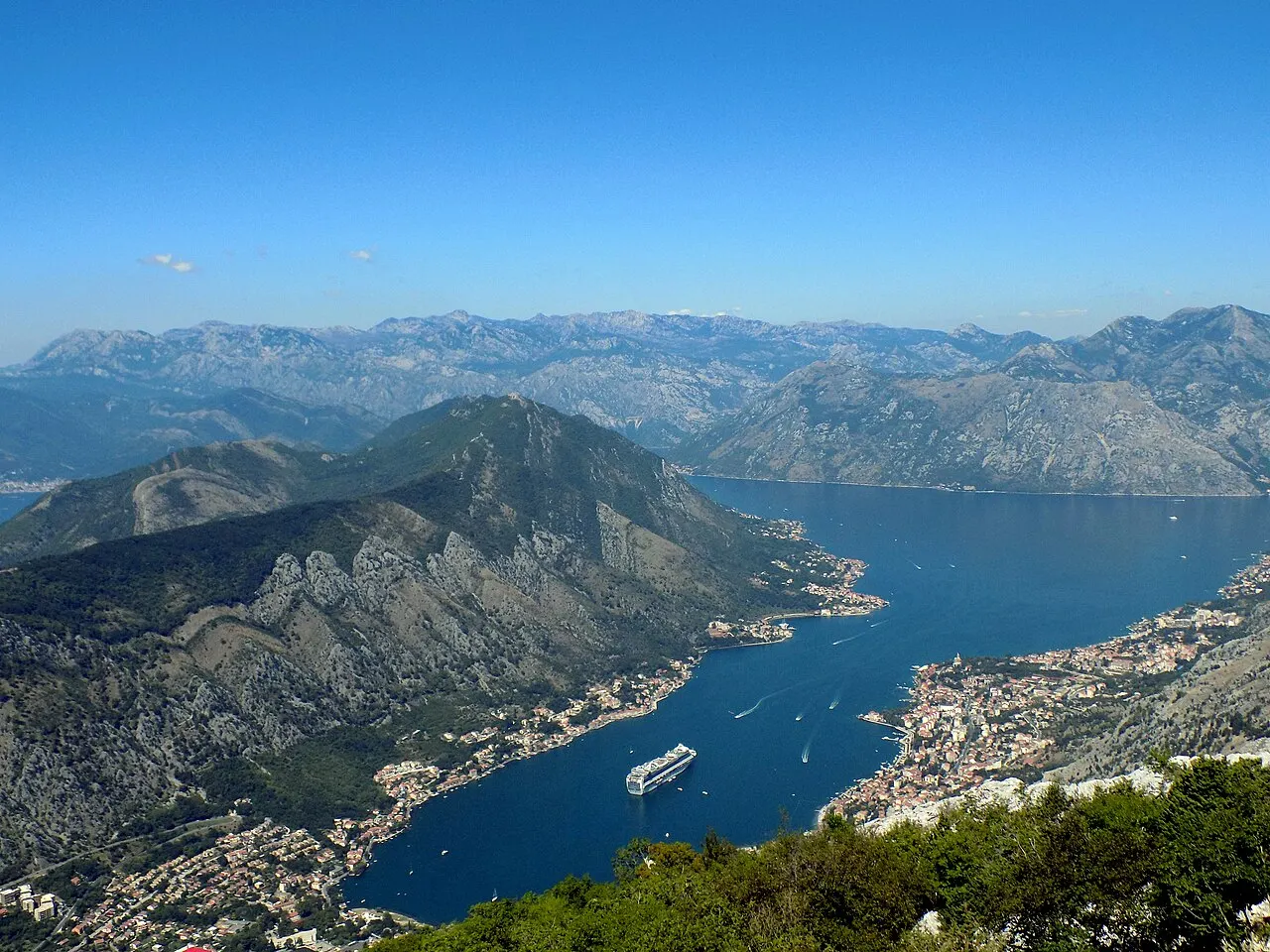 The Bay of Kotor far below seen from a lookout on the serpentine road climbing the mountain above the town