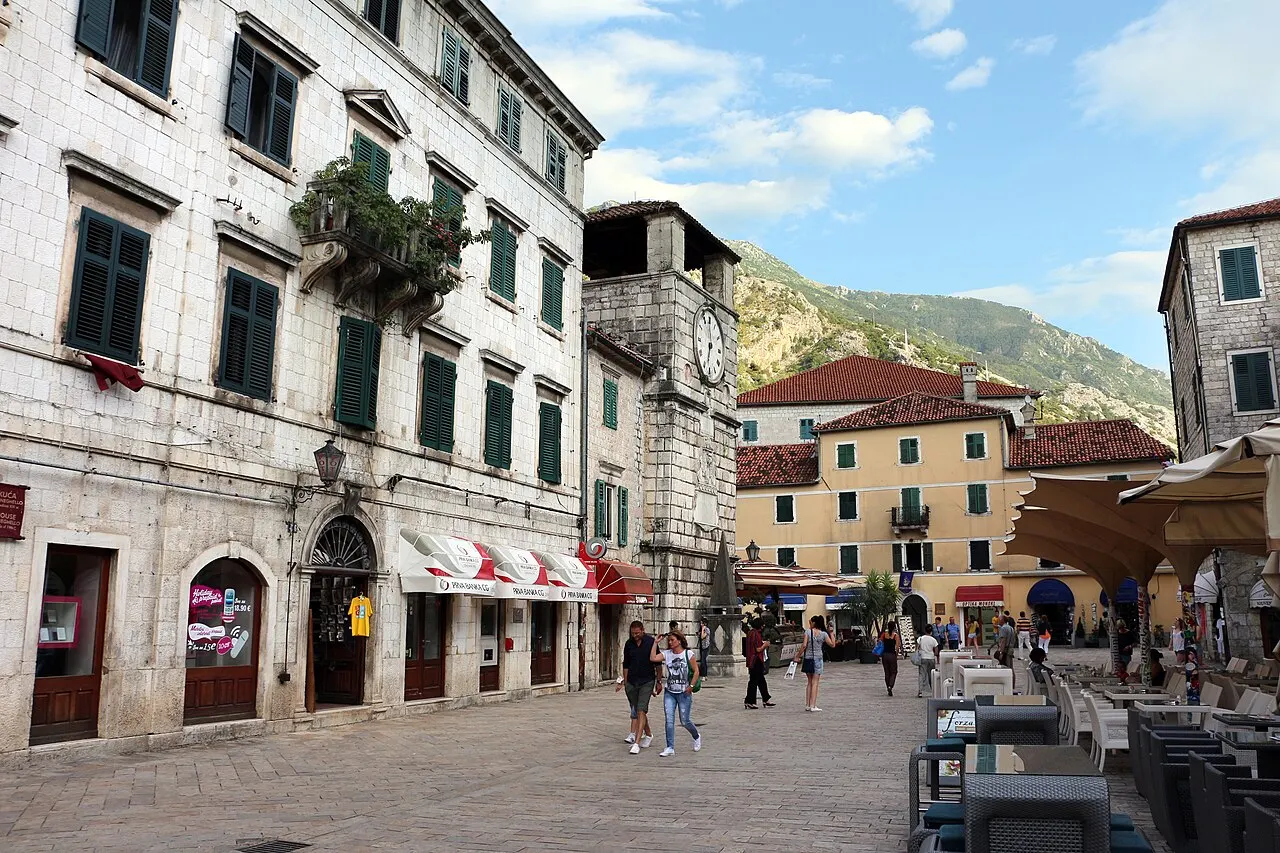 The clock tower on Arms Square inside Kotor's Old Town, near the Sea Gate
