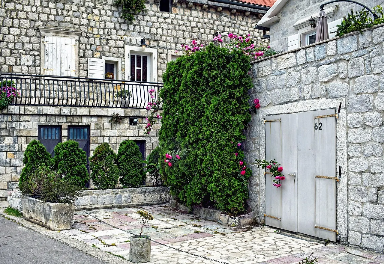 A quiet stone-paved corner in Perast, flowering shrubs against old stone houses