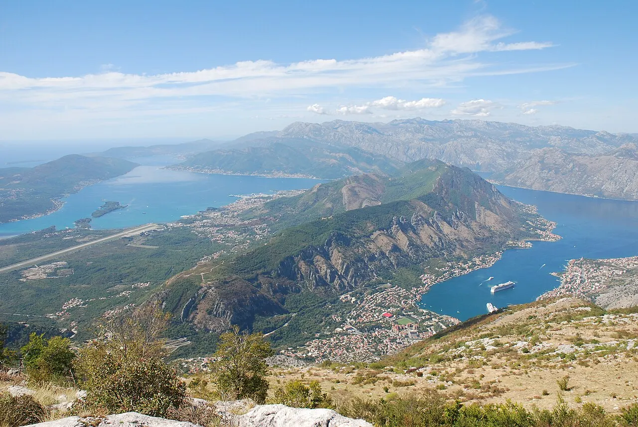 The Bay of Kotor opening up below as the road descends from the mountains