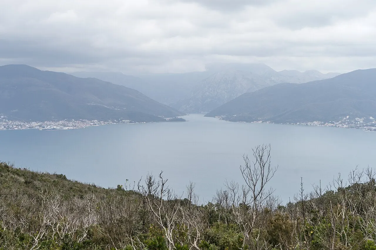 Clear blue water of the Bay of Kotor off the Luštica peninsula on a calm day