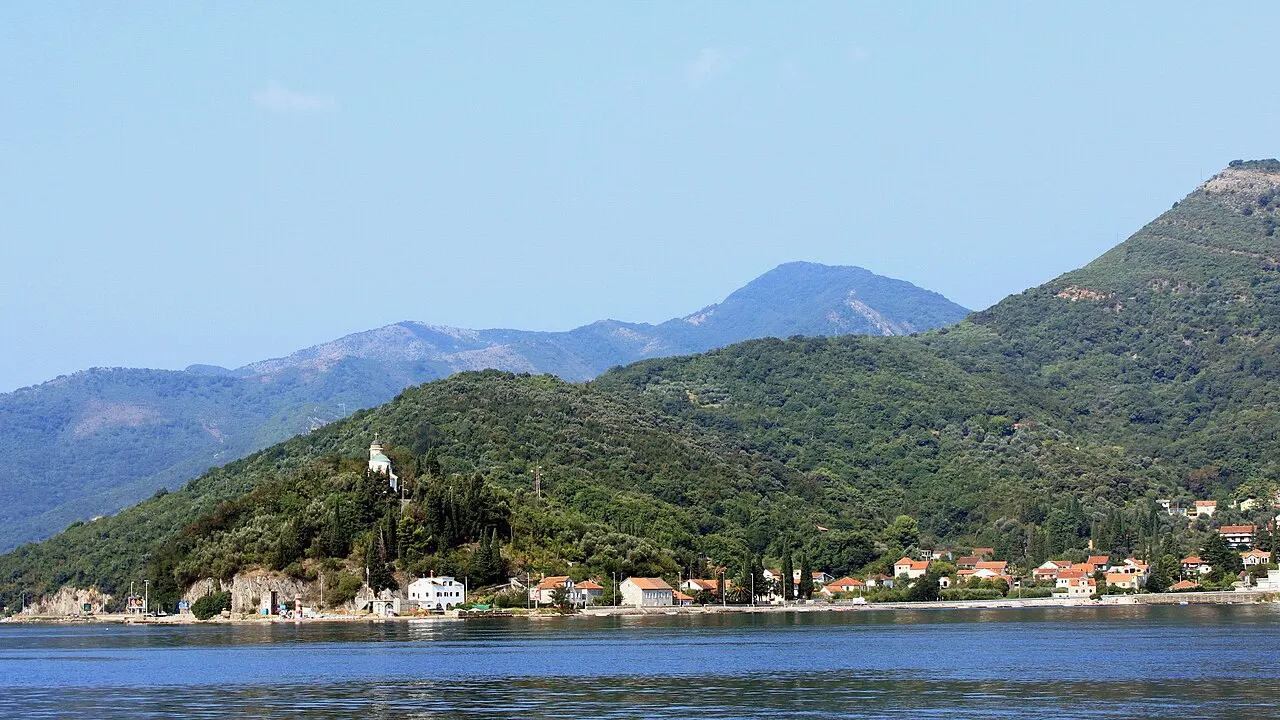 The mountain-walled Bay of Kotor narrowing at the Verige Strait near Lepetane